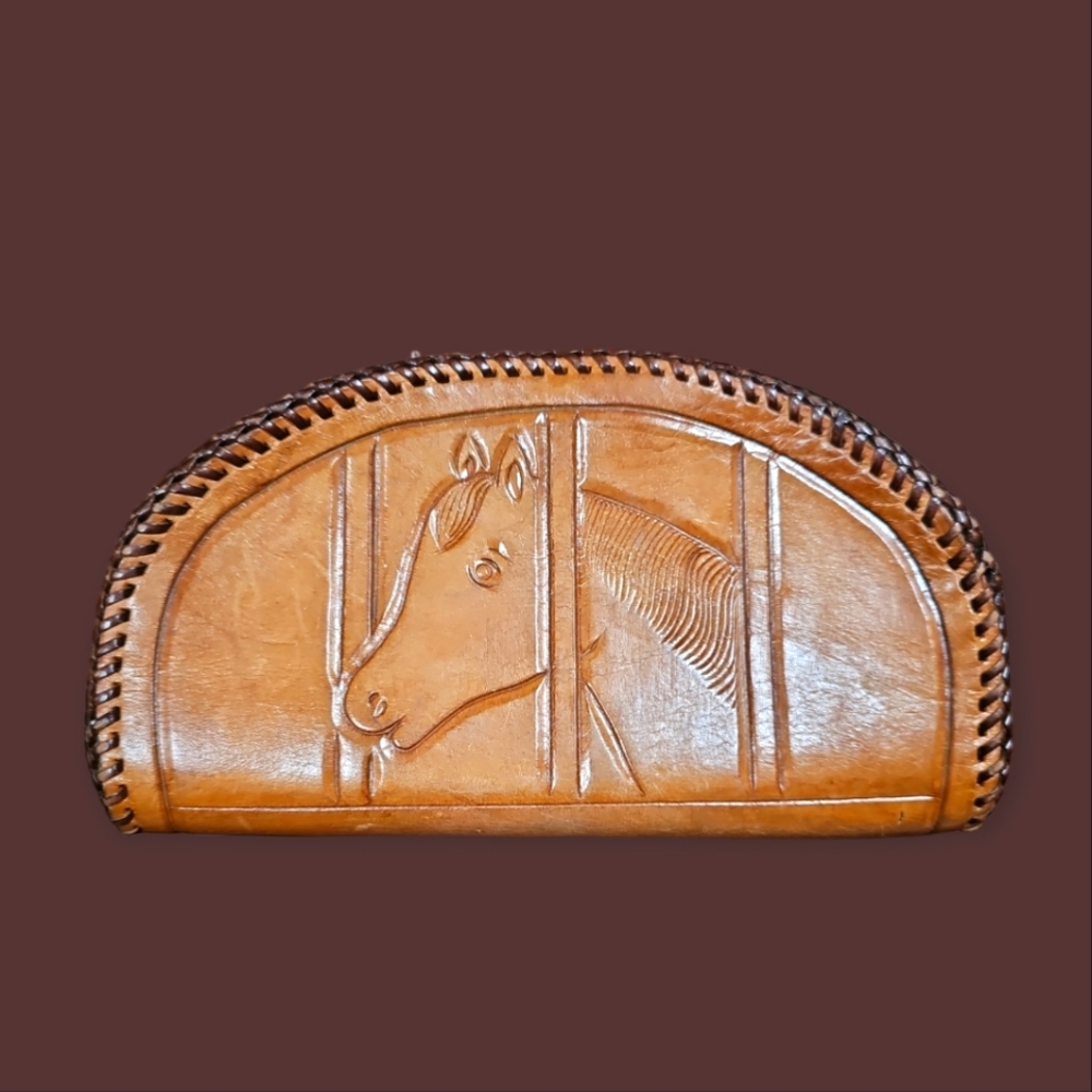 Vintage 1970s Tooled Leather Horse Clutch Bag - Picture 3 of 10